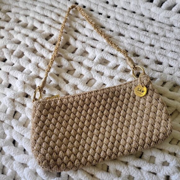 The Sak Original Gold Metallic Woven Crochet Shoulder Bag Chain Strap & Zipper - Picture 4 of 9